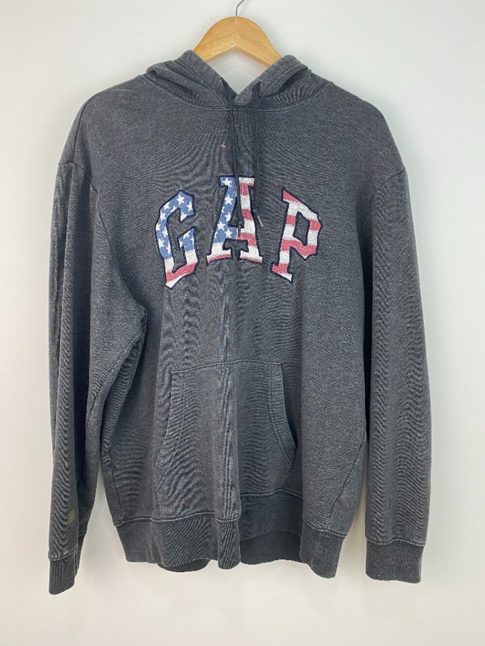 Vintage Gap USA Flag Logo Hoodie Distressed Dark Gray XL